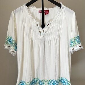 NWOT Red Ranch White Blouse with Blue & Green Details